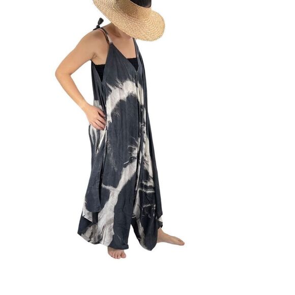 Pōʻalima Charcoal Gray Ivory Tropical Boho Wide Leg Beach Romper - Picture 6 of 16
